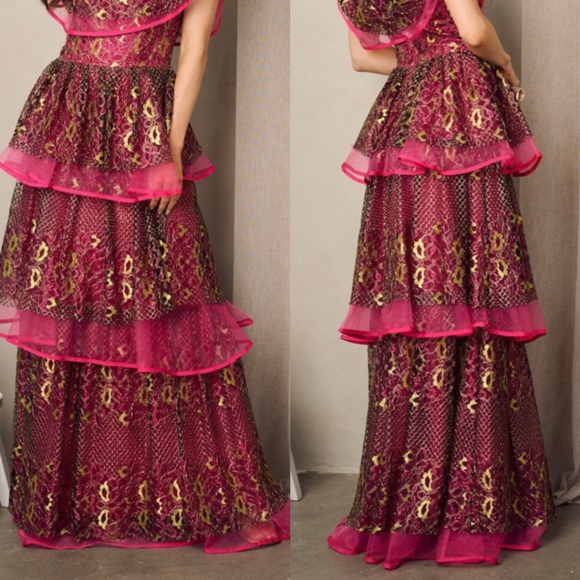 TIERED FUCHSIA MAXI PARTY GOWN DRESS - Picture 12 of 13